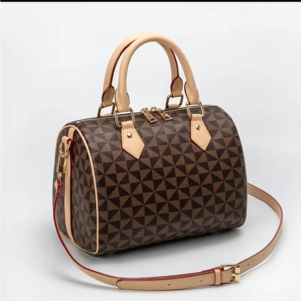 New! Beautiful Brown Geometric Boston Bag Crossbody Satchel Handbag Purse